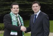 26 February 2007; Anthony Rooney, left, Bray Wanderers, is congratulated on his appointment by Noel Mooney, recently appointed as the FAI's National Coordinator of the Club Promotion Officers Programme, at the launch of the Football Association of Ireland Club Promotions Officers. The Club Promotions Officers Programme is a new development within the eircom League of Ireland. Fifteen clubs have appointed a Club Promotion Officer, whose role it will be to strengthen links between the club and the local community. Radisson SAS St. Helen's Hotel, Stillorgan, Dublin. Picture credit: Ray McManus / SPORTSFILE