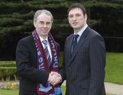 26 February 2007; Terry Collins, left, Drogheda United, is congratulated on his appointment by Noel Mooney, recently appointed as the FAI's National Coordinator of the Club Promotion Officers Programme, at the launch of the Football Association of Ireland Club Promotions Officers. The Club Promotions Officers Programme is a new development within the eircom League of Ireland. Fifteen clubs have appointed a Club Promotion Officer, whose role it will be to strengthen links between the club and the local community. Radisson SAS St. Helen's Hotel, Stillorgan, Dublin. Picture credit: Ray McManus / SPORTSFILE