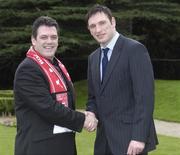 26 February 2007; Noel Martin, left, Derry City, is congratulated on his appointment by Noel Mooney, recently appointed as the FAI's National Coordinator of the Club Promotion Officers Programme, at the launch of the Football Association of Ireland Club Promotions Officers. The Club Promotions Officers Programme is a new development within the eircom League of Ireland. Fifteen clubs have appointed a Club Promotion Officer, whose role it will be to strengthen links between the club and the local community. Radisson SAS St. Helen's Hotel, Stillorgan, Dublin. Picture credit: Ray McManus / SPORTSFILE