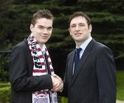 26 February 2007; Daniel Walshe, left, Galway United, is congratulated on his appointment by Noel Mooney, recently appointed as the FAI's National Coordinator of the Club Promotion Officers Programme, at the launch of the Football Association of Ireland Club Promotions Officers. The Club Promotions Officers Programme is a new development within the eircom League of Ireland. Fifteen clubs have appointed a Club Promotion Officer, whose role it will be to strengthen links between the club and the local community. Radisson SAS St. Helen's Hotel, Stillorgan, Dublin. Picture credit: Ray McManus / SPORTSFILE