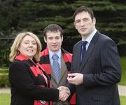26 February 2007; Gerri O'Neill and Dave Russell, Bohemians F.C., are congratulated on their appointments by Noel Mooney, recently appointed as the FAI's National Coordinator of the Club Promotion Officers Programme, at the launch of the Football Association of Ireland Club Promotions Officers. The Club Promotions Officers Programme is a new development within the eircom League of Ireland. Fifteen clubs have appointed a Club Promotion Officer, whose role it will be to strengthen links between the club and the local community. Radisson SAS St. Helen's Hotel, Stillorgan, Dublin. Picture credit: Ray McManus / SPORTSFILE