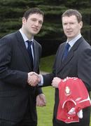 26 February 2007; Declan White, right, St. Patricks Athletic, is congratulated on his appointment by Noel Mooney, recently appointed as the FAI's National Coordinator of the Club Promotion Officers Programme, at the launch of the Football Association of Ireland Club Promotions Officers. The Club Promotions Officers Programme is a new development within the eircom League of Ireland. Fifteen clubs have appointed a Club Promotion Officer, whose role it will be to strengthen links between the club and the local community. Radisson SAS St. Helen's Hotel, Stillorgan, Dublin. Picture credit: Ray McManus / SPORTSFILE