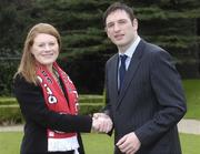 26 February 2007; Sinéad Fraher, Sligo Rovers, is congratulated on her appointment by Noel Mooney, recently appointed as the FAI's National Coordinator of the Club Promotion Officers Programme, at the launch of the Football Association of Ireland Club Promotions Officers. The Club Promotions Officers Programme is a new development within the eircom League of Ireland. Fifteen clubs have appointed a Club Promotion Officer, whose role it will be to strengthen links between the club and the local community. Radisson SAS St. Helen's Hotel, Stillorgan, Dublin. Picture credit: Ray McManus / SPORTSFILE