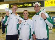 28 February 2007; Athletics Ireland European Indoor Championships Team athletes David McCarthy, 800m, left, Mark Christie, 3000m, centre, and Liam Reale, 1500m, prior to their departure for Birmingham. Dublin Airport, Dublin. Picture credit: Pat Murphy / SPORTSFILE
