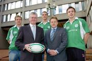 1 March 2007; The Irish Rugby Football Union today announced the PricewaterhouseCoopers 'High Performance Select Group' (HPSG) which introduces the next level of players earmarked to go forward to full international representation for Ireland. The PwC HPSG has been selected by Ireland National Coach Eddie O'Sullivan following consultation with each of the Provincial Coaches. Pictured at the announcement are, back from left, Luke Fitzgerald, Barry Murphy, and Tommy Bowe. with front, from left, Donal O'Connor, Senior Partner, PwC, and Ireland head coach Eddie O'Sullivan. Wilson Place, Dublin. Picture credit: Brendan Moran / SPORTSFILE