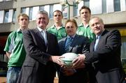 1 March 2007; The Irish Rugby Football Union today announced the PricewaterhouseCoopers 'High Performance Select Group' (HPSG) which introduces the next level of players earmarked to go forward to full international representation for Ireland. The PwC HPSG has been selected by Ireland National Coach Eddie O'Sullivan following consultation with each of the Provincial Coaches. Pictured at the announcement are, back from left, Luke Fitzgerald, Barry Murphy, and Tommy Bowe. with front, from left, Donal O'Connor, Senior Partner, PwC, Ireland head coach Eddie O'Sullivan and Ronan Murphy, Head of Assurance and Business Advisory Services, PwC. Wilson Place, Dublin. Picture credit: Brendan Moran / SPORTSFILE