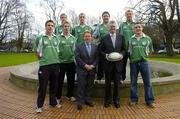1 March 2007; The Irish Rugby Football Union today announced the PricewaterhouseCoopers 'High Performance Select Group' (HPSG) which introduces the next level of players earmarked to go forward to full international representation for Ireland. The PwC HPSG has been selected by Ireland National Coach Eddie O'Sullivan following consultation with each of the Provincial Coaches. Pictured at the announcement are, back from left, Luke Fitzgerald, Barry Murphy, Bryan Murphy and Roger Wilson. with front, from left, Tommy Bowe, Stephen Ferris, Ireland head coach Eddie O'Sullivan, Donal O'Connor, Senior Partner, PwC, and Kieran Lewis. Wilson Place, Dublin. Picture credit: Brendan Moran / SPORTSFILE