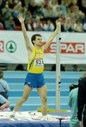 4 March 2007; Sweden's Stefan Holm celebrates after taking gold in the mens High Jump. European Indoor Athletics Championships, National Indoor Arena, Birmingham, England. Picture credit: Pat Murphy / SPORTSFILE