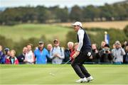 25 September 2014; Rory McIlroy, Team Europe, reacts after his birdie putt went just past the hole on the 8th green during European Team practice. Previews of the 2014 Ryder Cup Matches. Gleneagles, Scotland. Picture credit: Matt Browne / SPORTSFILE