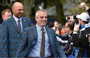 25 September 2014; Team Europe captain Paul McGinley leads his team out for the opening ceremony. Previews of the 2014 Ryder Cup Matches. Gleneagles, Scotland. Picture credit: Matt Browne / SPORTSFILE