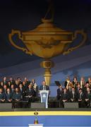 25 September 2014; Team Europe captain Paul McGinley speaking during the opening ceremony. Previews of the 2014 Ryder Cup Matches. Gleneagles, Scotland. Picture credit: Matt Browne / SPORTSFILE