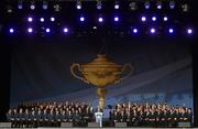 25 September 2014; Team Europe captain Paul McGinley speaking during the opening ceremony. Previews of the 2014 Ryder Cup Matches. Gleneagles, Scotland. Picture credit: Matt Browne / SPORTSFILE