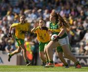 21 September 2014; Eva O’Sullivan, Scoil Mhuire NS, Co. Cork, representing Kerry, in action against Erin Forbes, St. Patrick’s PS, Co Tyrone, representing Donegal, during the INTO/RESPECT Exhibition GoGames. Croke Park, Dublin. Picture credit: Ray McManus / SPORTSFILE