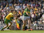 21 September 2014; Eva O’Sullivan, Scoil Mhuire NS, Co. Cork, representing Kerry, in action against Erin Forbes, St. Patrick’s PS, Co Tyrone, representing Donegal, during the INTO/RESPECT Exhibition GoGames. Croke Park, Dublin. Picture credit: Ray McManus / SPORTSFILE