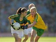 21 September 2014; Kira Bates Crosbie, Kilmore NS, Co. Wexford, representing Kerry, in action against Leah Brady, St Mary’s NS, Co. Cavan, representing Donegal, during the INTO/RESPECT Exhibition GoGames. Croke Park, Dublin. Picture credit: Ray McManus / SPORTSFILE
