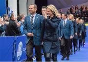 25 September 2014; Sergio Garcia with his partner Katharina Bohm during the opening ceremony. Previews of the 2014 Ryder Cup Matches. Gleneagles, Scotland. Picture credit: Matt Browne / SPORTSFILE