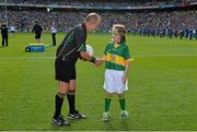 21 September 2014; Alannah O'Shea, Scoil an Ghleaniva, Ballinskelligs, Co. Kerry, presents the match ball to referee Eddie Kinsella before the game. GAA Football All Ireland Senior Championship Final, Kerry v Donegal. Croke Park, Dublin. Picture credit: Brendan Moran / SPORTSFILE