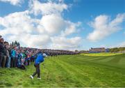 26 September 2014; Rory McIlroy, Team Europe, plays his second shot from the rough on the 18th fairway during the Morning Fourball Matches. The 2014 Ryder Cup, Day 1. Gleneagles, Scotland. Picture credit: Matt Browne / SPORTSFILE
