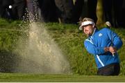26 September 2014; Victor Dubuisson, Team Europe, plays from the bunker onto the 13th green during the Afternoon Foursomes Match against Phil Mickelson and Keegan Bradley. The 2014 Ryder Cup, Day 1. Gleneagles, Scotland. Picture credit: Matt Browne / SPORTSFILE