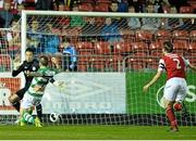 26 September 2014; Shamrock Rovers' Gary McCabe beats  St Patrick's Athletic gopalkeeper Brendan Clarke to score his side's first goal. SSE Airtricity League Premier Division, St Patrick's Athletic v Shamrock Rovers, Richmond Park, Dublin. Picture credit: David Maher / SPORTSFILE