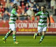26 September 2014; Gary McCabe, left, Shamrock Rovers, celebrates after scoring his side's first goal with team-mate Ciaran Marty Waters. SSE Airtricity League Premier Division, St Patrick's Athletic v Shamrock Rovers, Richmond Park, Dublin. Picture credit: David Maher / SPORTSFILE