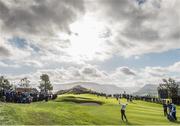 27 September 2014; Rory McIlroy, Team Europe, plays his second shot to the 7th green during the morning Fourball Match against Jimmy Walker and Rickie Fowler, Team USA. The 2014 Ryder Cup, Day 2. Gleneagles, Scotland. Picture credit: Matt Browne / SPORTSFILE