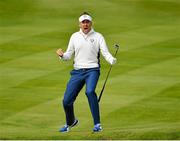 27 September 2014; Ian Poulter, Team Europe, celebrates after he chipped into the hole for a birdie on the 15th green during the morning Fourball Match against Jimmy Walker and Rickie Fowler, Team USA. The 2014 Ryder Cup, Day 2. Gleneagles, Scotland. Picture credit: Matt Browne / SPORTSFILE