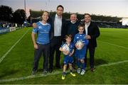 26 September 2014; Mascots Conor Foley Boland, left, and Damian Gibbons, right, with Leinster's Kevin McLaughlin and Isaac Boss ahead of the Guinness PRO12 Round 4 clash between Leinster and Cardiff Blues at the RDS, Ballsbridge, Dublin. Picture credit: Stephen McCarthy / SPORTSFILE