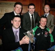 3 March 2007; Back row, Diarmuid Cahill, Chairman QUB organising committee, Karl Oakes, Secretary QUB organising committee, and John Devaney, Chairman GAA Higher Education Council, front row, Miceal Finnegan, Queens GFC Chairman and Daniel McCartan, QUB winning Captain 2007, during the Captains Table Dinner, at the close of the 2007 Sigerson Cup. Queen's University, Belfast, Co. Antrim. Picture credit: Oliver McVeigh / SPORTSFILE