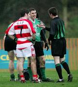 2 March 2007; Gavin Donaghy, QUB, and David Cunningham, Cork IT, in conversation with referee Patrick Hughes. Ulster Bank Sigerson Cup Semi-Final, Queen's University Belfast v Cork Institute of Technology, Queen's University, Belfast, Co. Antrim. Picture credit: Oliver McVeigh / SPORTSFILE