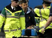 5 March 2004; Aidan McCullen of Leinster Lions is stretchered off after being punched by Rob Appleyard of Cardiff Blue, who was subsequently sent off, during the Celtic League Division 1 match between Leinster Lions and Cardiff Blues at Donnybrook Stadium in Dublin. Photo by Pat Murphy/Sportsfile