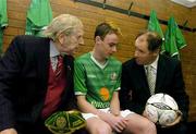 11 March 2004; Republic of Ireland manager Brian Kerr with Dr. Kevin O'Flanagan, right, the oldest living player to be capped for Ireland, and Keith Treacy, centre, Republic of Ireland U16 player, at the announcement that the FAI and eircom have signed a new 5 year sponsorship agreement to replace the original agreement at Berkeley Court, Dublin. Photo by Pat Murphy/Sportsfile