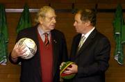 11 March 2004; Republic of Ireland manager Brian Kerr chats with Dr. Kevin O'Flanagan, left, the oldest living player to be capped for Ireland, at the announcement that the FAI and eircom have signed a new 5 year sponsorship agreement to replace the original agreement at Berkeley Court, Dublin. Photo by Pat Murphy/Sportsfile