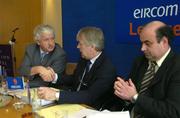 13 March 2004; FAI President Milo Corcoran, left, and acting General Manager of the eircom league of Ireland, Michael Hayes, right, congratulate Declan O'Looney on his election as Chairman of the eircom League of Ireland during the Eircom League AGM at the Clarion Hotel in the International Financial Services Centre, Dublin. Photo by Ray McManus/Sportsfile