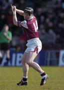 14 March 2004; Eugene Cloonan of Galway shoots to scores a goal from a free during the Allianz Hurling League Division 1A Round 3 match between Galway and Clare at Pearse Stadium in Galway. Photo by Ray McManus/Sportsfile