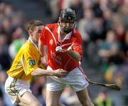 17 March 2004; Ben O'Connor, Newtownshandrum, in action against Padraig McMullan, Dunloy. AIB All-Ireland Club Hurling Final, Newtownshandrum v Dunloy, Croke Park, Dublin, Picture credit; Brendan Moran / SPORTSFILE   *EDI*