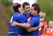 27 September 2014; Leinster's Conor Nash, centre, celebrates with team-mates Peter Howard, left, and captain Conor Farrell after scoring a try. Under 18 Club Interprovincial, Munster v Leinster. Waterpark RFC, Waterford. Picture credit: Ramsey Cardy / SPORTSFILE