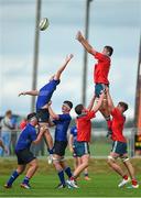 27 September 2014; Jack O'Sullivan, Munster, competes for the ball in a lineout with Barry Fitzpatrick, Leinster. Under 18 Schools Interprovincial, Munster v Leinster. CBC, Cork. Picture credit: Diarmuid Greene / SPORTSFILE