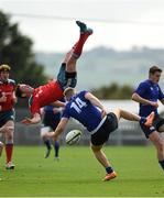 27 September 2014; Colm Hogan, Munster, in action against Tim Carroll, Leinster, who was subsequently shown a red card. Under 18 Schools Interprovincial, Munster v Leinster. CBC, Cork. Picture credit: Diarmuid Greene / SPORTSFILE
