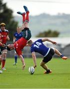 27 September 2014; Colm Hogan, Munster, in action against Tim Carroll, Leinster, who was subsequently shown a red card. Under 18 Schools Interprovincial, Munster v Leinster. CBC, Cork. Picture credit: Diarmuid Greene / SPORTSFILE