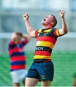 27 September 2014; Conor McKeon, Lansdowne, who kicked the winning point, celebrates at the final whistle in the win over Clontarf. Ulster Bank League Division 1A, Lansdowne v Clontarf, Lansdowne Road, Dublin. Picture credit: Cody Glenn / SPORTSFILE