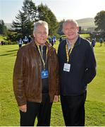 26 September 2014; Peter David Robinson, First Minister of Northern Ireland, with Martin McGuinness, deputy First Minister of Northern Ireland on the 8th fairway during the Morning Fourball Matches. The 2014 Ryder Cup, Day 1. Gleneagles, Scotland. Picture credit: Matt Browne / SPORTSFILE