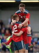 27 September 2014; Munster players Alex McHenry, 12, Glen Dickinson, top, and Jack O'Donnell celebrate after the game. Under 18 Schools Interprovincial, Munster v Leinster. CBC, Cork. Picture credit: Diarmuid Greene / SPORTSFILE