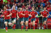 27 September 2014; Munster players, from left to right, Sean Dougall, Paul O'Connell, Dave Kilcoyne, Duncan Casey, Ivan Dineen and Denis Hurley make their way out for the start of the game. Guinness PRO12, Round 4, Munster v Ospreys. Thomond Park, Limerick. Picture credit: Diarmuid Greene / SPORTSFILE