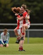 27 September 2014; Caoimhe Boyle, left, and Nicola Ward, Kilkerrin Clonberne, Galway, celebrate victory in the Senior Championship match after the final whistle. 2014 TESCO HomeGrown All-Ireland Ladies Football Club Sevens Finals. Naomh Mearnóg GAA Club, Portmarnock, Co. Dublin. Picture credit: Barry Cregg / SPORTSFILE