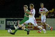 27 September 2014; Jake Doyle Hayes, Republic of Ireland, in action against Sean McKirdy, Scotland. UEFA European U17 Championship 2014/15, Qualifying Round, Republic of Ireland v Scotland. City Calling Stadium, Longford. Picture credit: Oliver McVeigh / SPORTSFILE