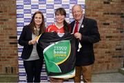 27 September 2014; Nicola Ward, Kilkerrin Clonberne, Galway, receives the Player of the Match award from Pat Quill, President, Ladies Gaelic Football Association, and Lynn Moynihan, Local Marketing Manager, Tesco Ireland. 2014 TESCO HomeGrown All-Ireland Ladies Football Club Sevens Finals. Naomh Mearnóg GAA Club, Portmarnock, Co. Dublin. Picture credit: Barry Cregg / SPORTSFILE