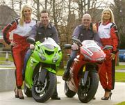 8 March 2007; RTE commentators Peter Collins, left, and Eddie Laycock, with models Katy French and Sarah Kavanagh, right, at the launch of RTÉ Television's live coverage of the MotoGP World Championship which begins on RTÉ Two this Saturday. Coverage is sponsored by Bridgestone and includes the live broadcast of all 18 races on RTÉ Two. RTÉ, Donnybrook, Dublin. Picture credit: Pat Murphy / SPORTSFILE