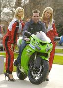 8 March 2007; RTE commentator Peter Collins with models Sarah Kavanagh, left, and Katy French at the launch of RTÉ Television's live coverage of the MotoGP World Championship which begins on RTÉ Two this Saturday. Coverage is sponsored by Bridgestone and includes the live broadcast of all 18 races on RTÉ Two. RTÉ, Donnybrook, Dublin. Picture credit: Pat Murphy / SPORTSFILE