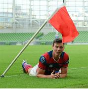 27 September 2014; Matthew Darcy, Clontarf, reacts below the flag after failing to cross the line on a try in his team's loss against Landsdowne. Ulster Bank League Division 1A, Lansdowne v Clontarf, Aviva Stadium, Lansdowne Road, Dublin. Picture credit: Cody Glenn / SPORTSFILE